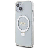 Guess Ring Stand Script Glitter MagSafe-hylster til iPhone 15 / 14 / 13 - gennemsigtigt