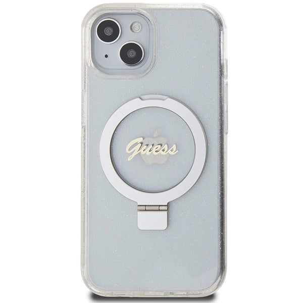 Guess Ring Stand Script Glitter MagSafe-hylster til iPhone 15 / 14 / 13 - gennemsigtigt