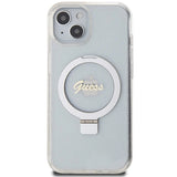 Guess Ring Stand Script Glitter MagSafe-hylster til iPhone 15 / 14 / 13 - gennemsigtigt