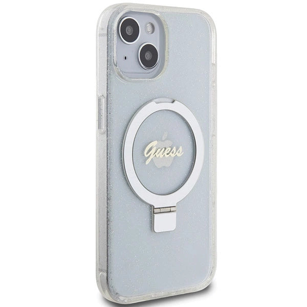 Guess Ring Stand Script Glitter MagSafe-hylster til iPhone 15 / 14 / 13 - gennemsigtigt