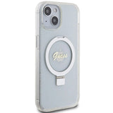 Guess Ring Stand Script Glitter MagSafe-hylster til iPhone 15 / 14 / 13 - gennemsigtigt