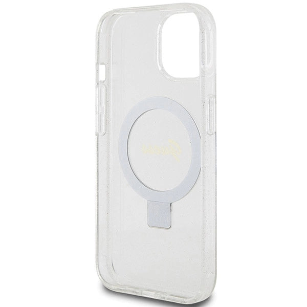 Guess Ring Stand Script Glitter MagSafe-hylster til iPhone 15 / 14 / 13 - gennemsigtigt