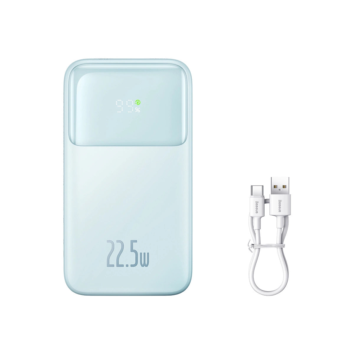 Baseus Comet Series powerbank med display 10000mAh 22.5W - blå + USB-A - USB-C kabel 0.3m - hvid