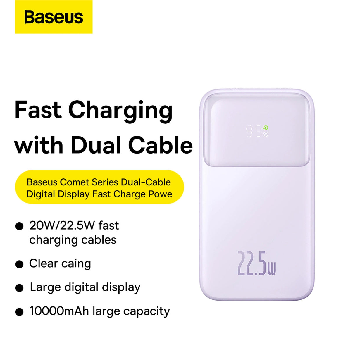 Baseus Comet Series powerbank med display 10000mAh 22.5W - lilla + USB-A / USB-C kabel