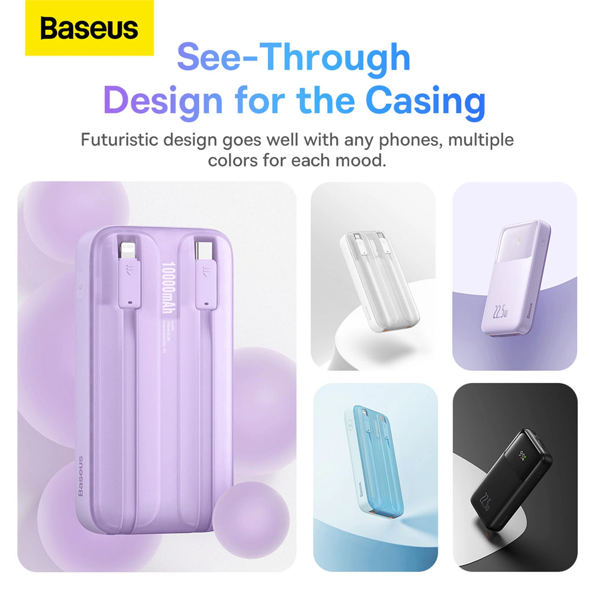 Baseus Comet Series powerbank med display 10000mAh 22.5W - lilla + USB-A / USB-C kabel