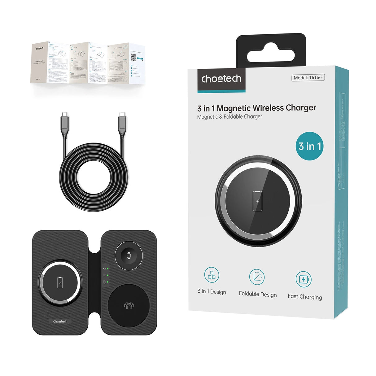 Choetech T616-F 3in1 induktiv oplader kompatibel med Apple og Samsung enheder - sort