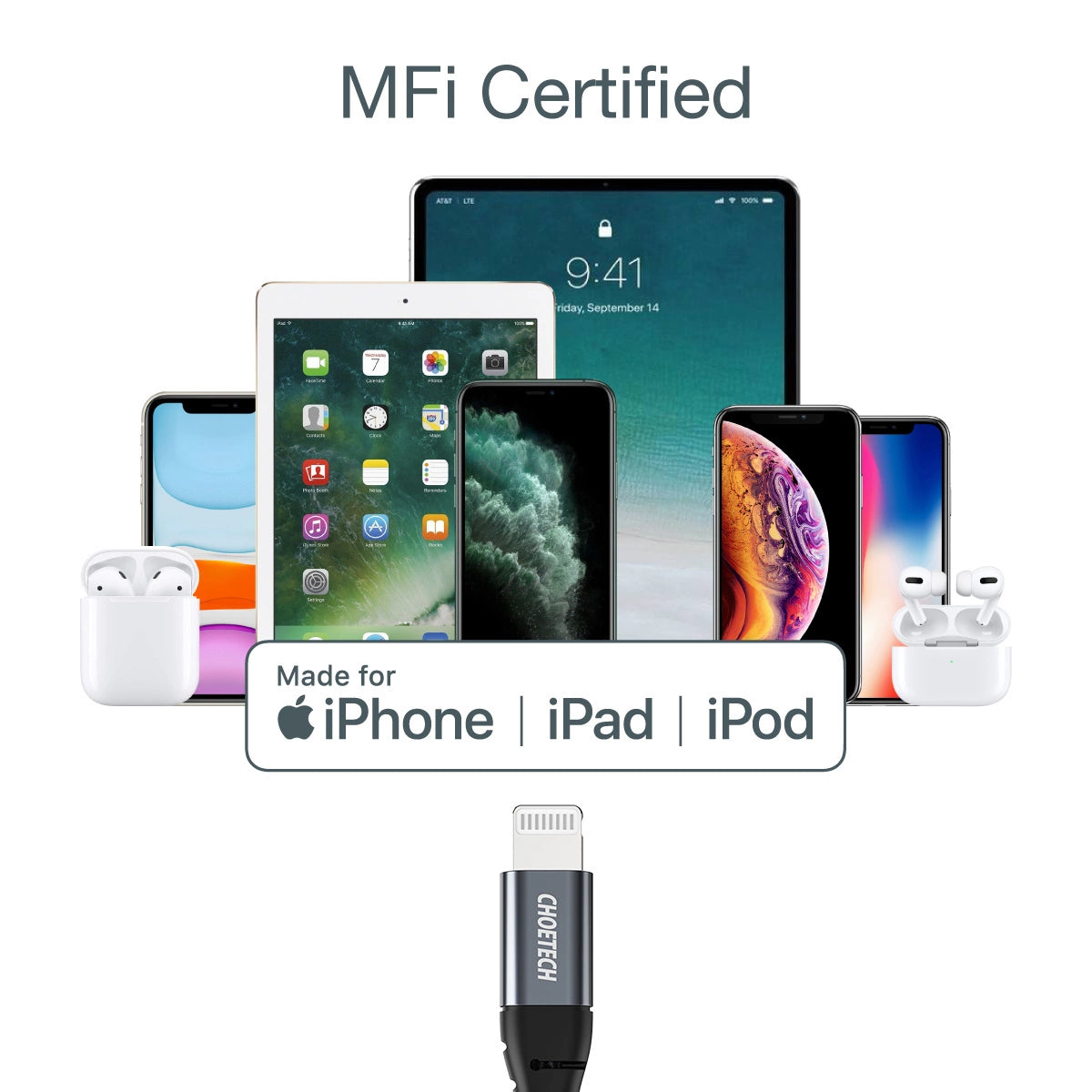 Choetech IP0039 USB-C / Lightning MFi-kabel, 1,2 m lang - sort