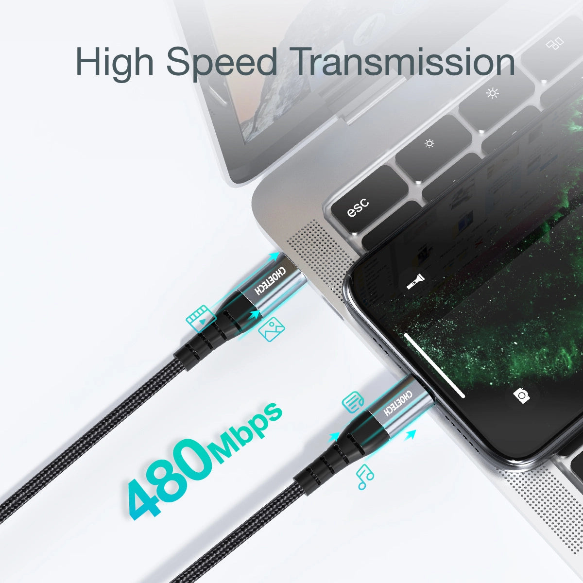 Choetech IP0039 USB-C / Lightning MFi-kabel, 1,2 m lang - sort