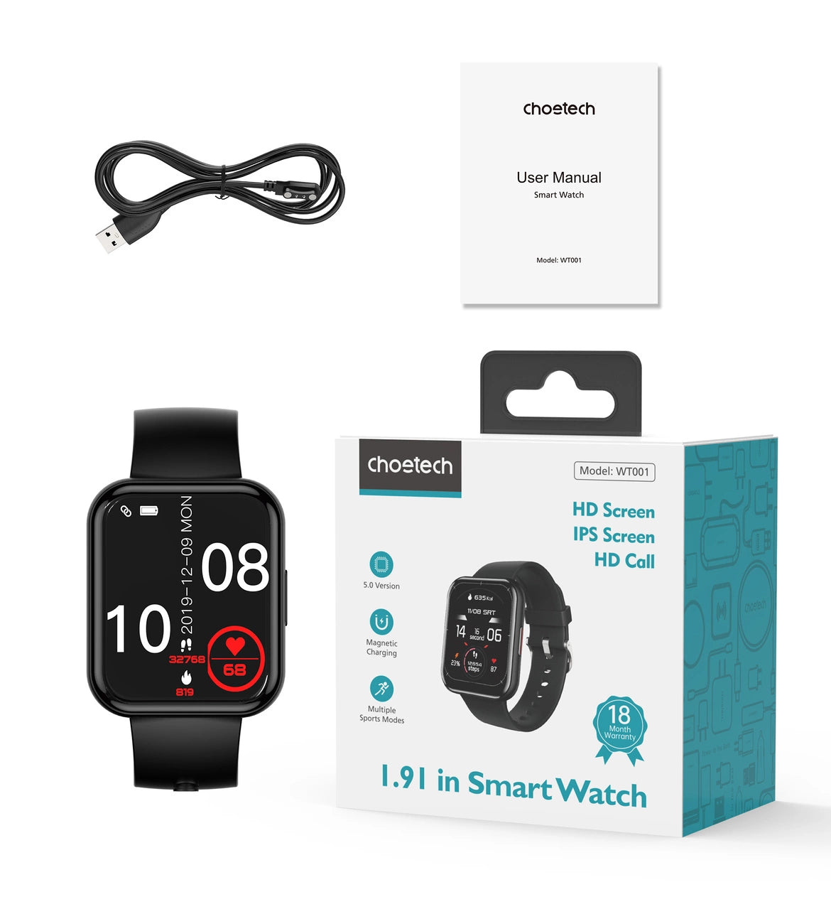 Choetech WT001 smartwatch med IP67-opkaldsbesvarelsesfunktion - sort