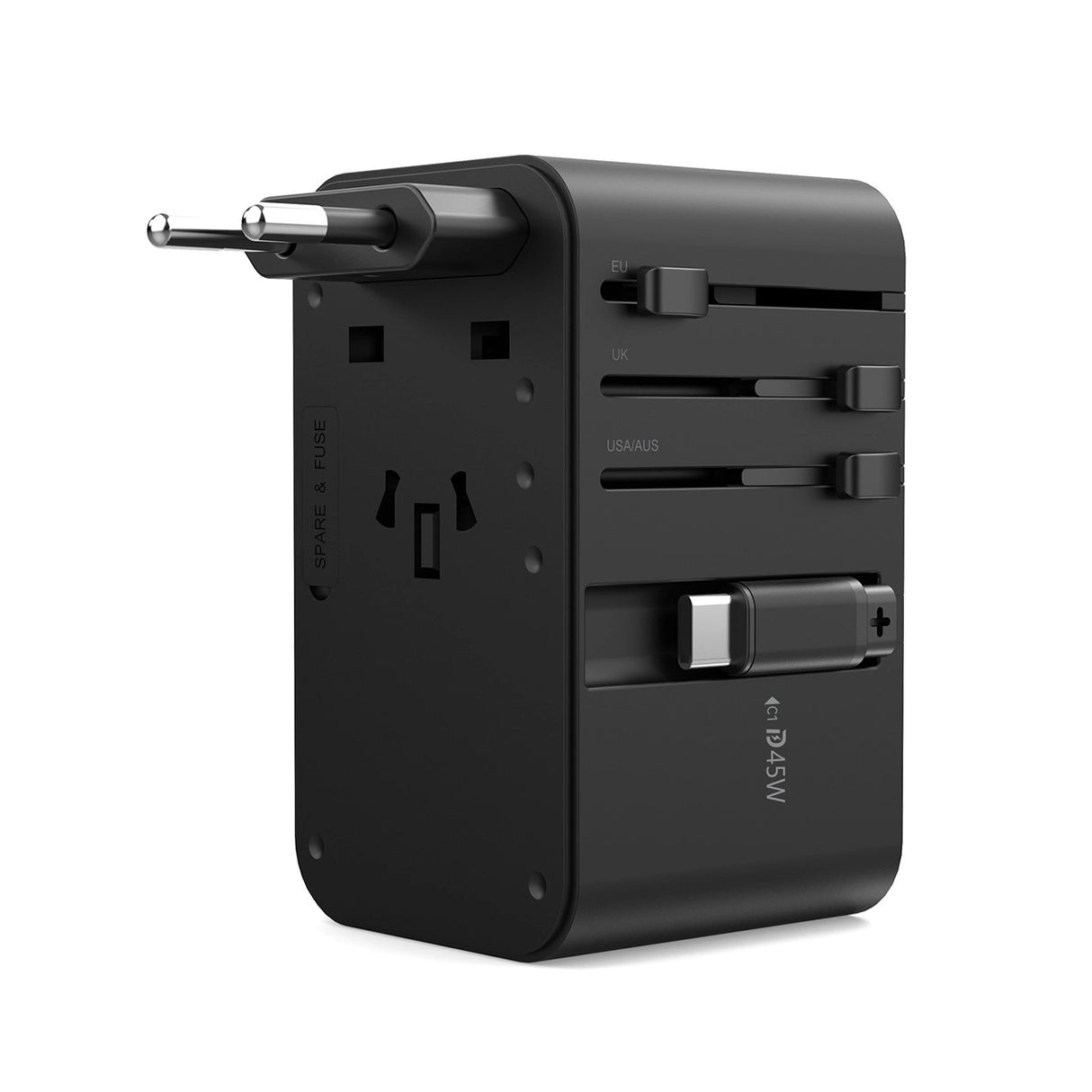 Choetech PD5021 45W EU/US/AUS/UK Travel Adapter med indbygget USB-C-kabel - sort