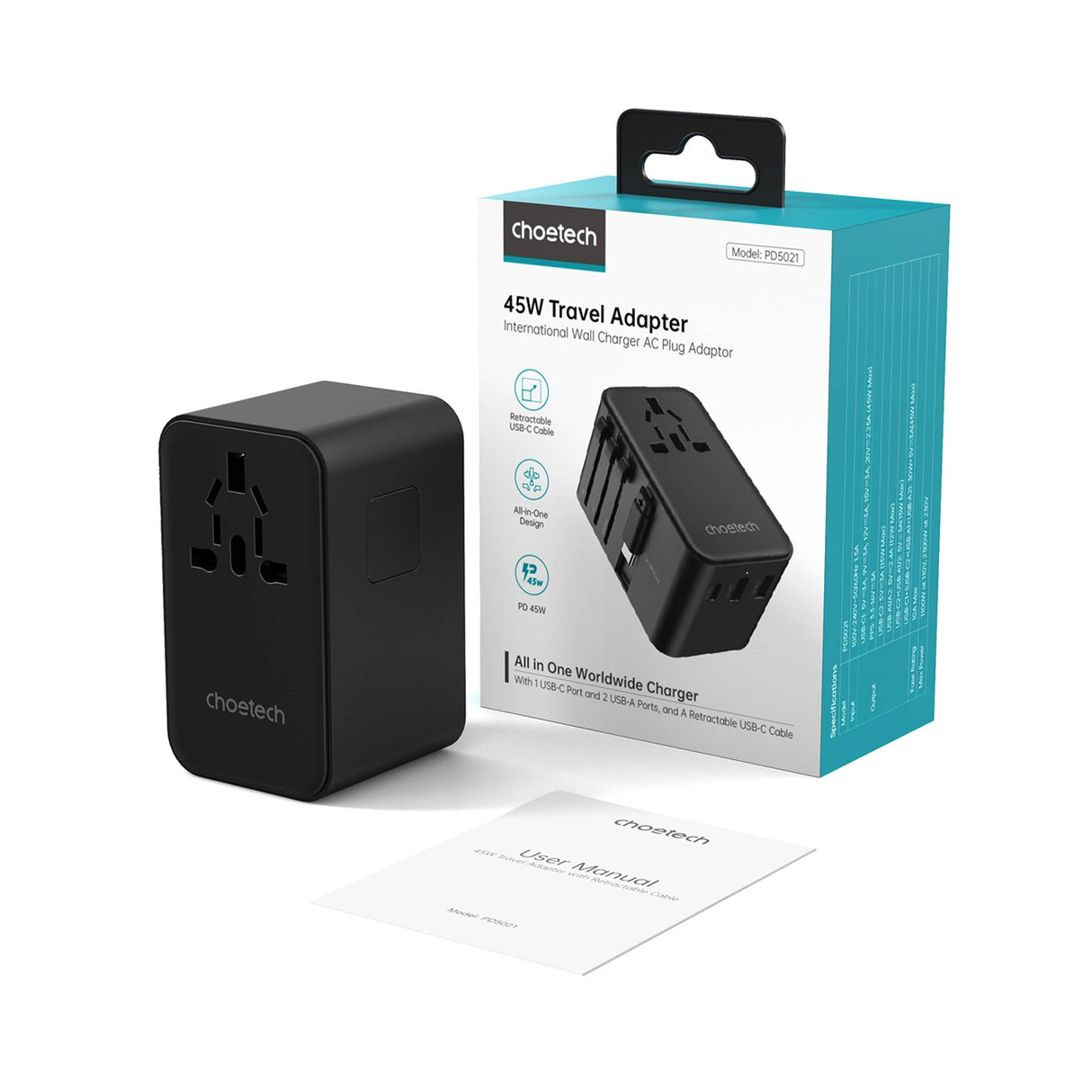 Choetech PD5021 45W EU/US/AUS/UK Travel Adapter med indbygget USB-C-kabel - sort