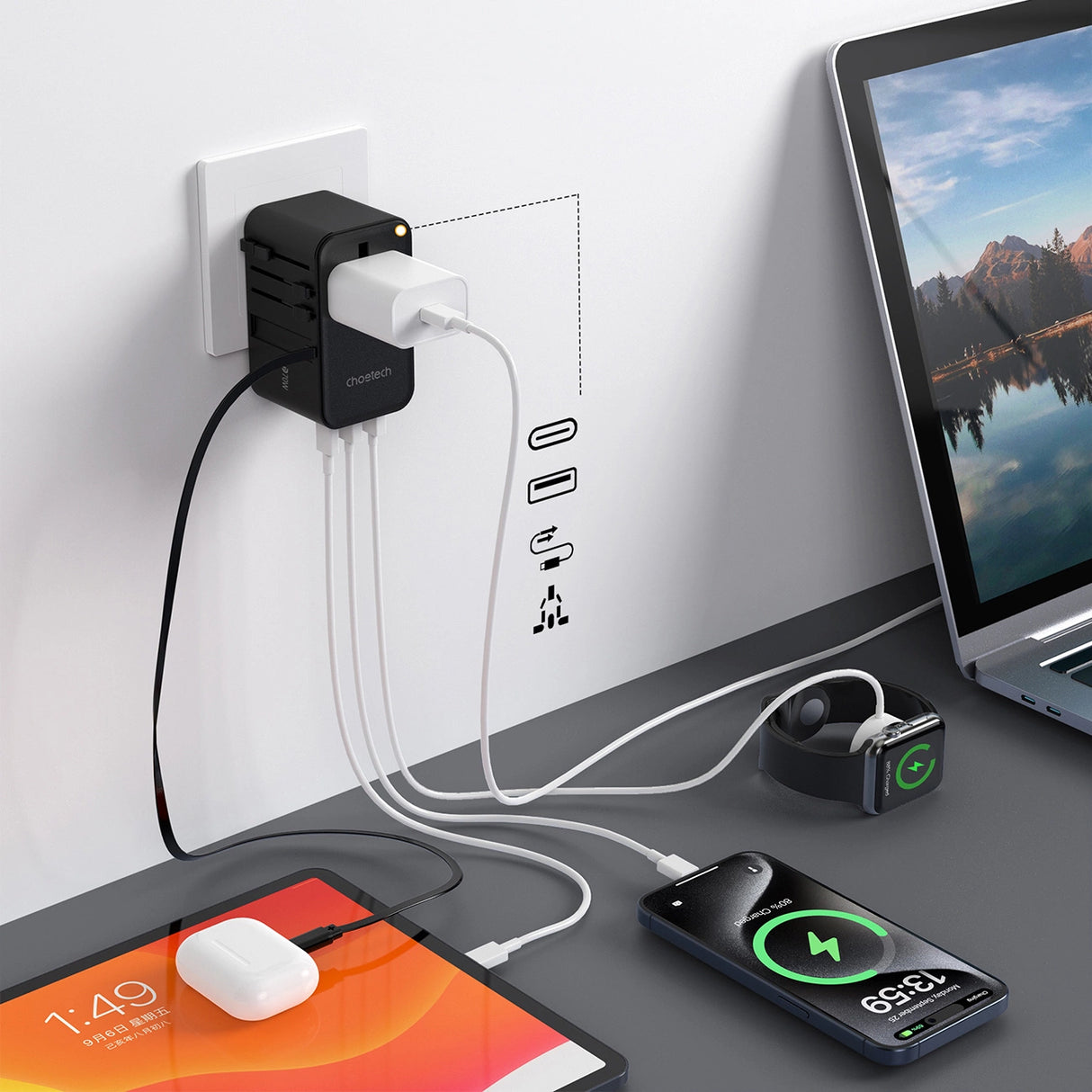 Choetech PD5021 45W EU/US/AUS/UK Travel Adapter med indbygget USB-C-kabel - sort