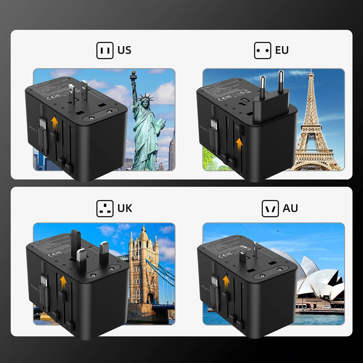 Choetech PD5021 45W EU/US/AUS/UK Travel Adapter med indbygget USB-C-kabel - sort