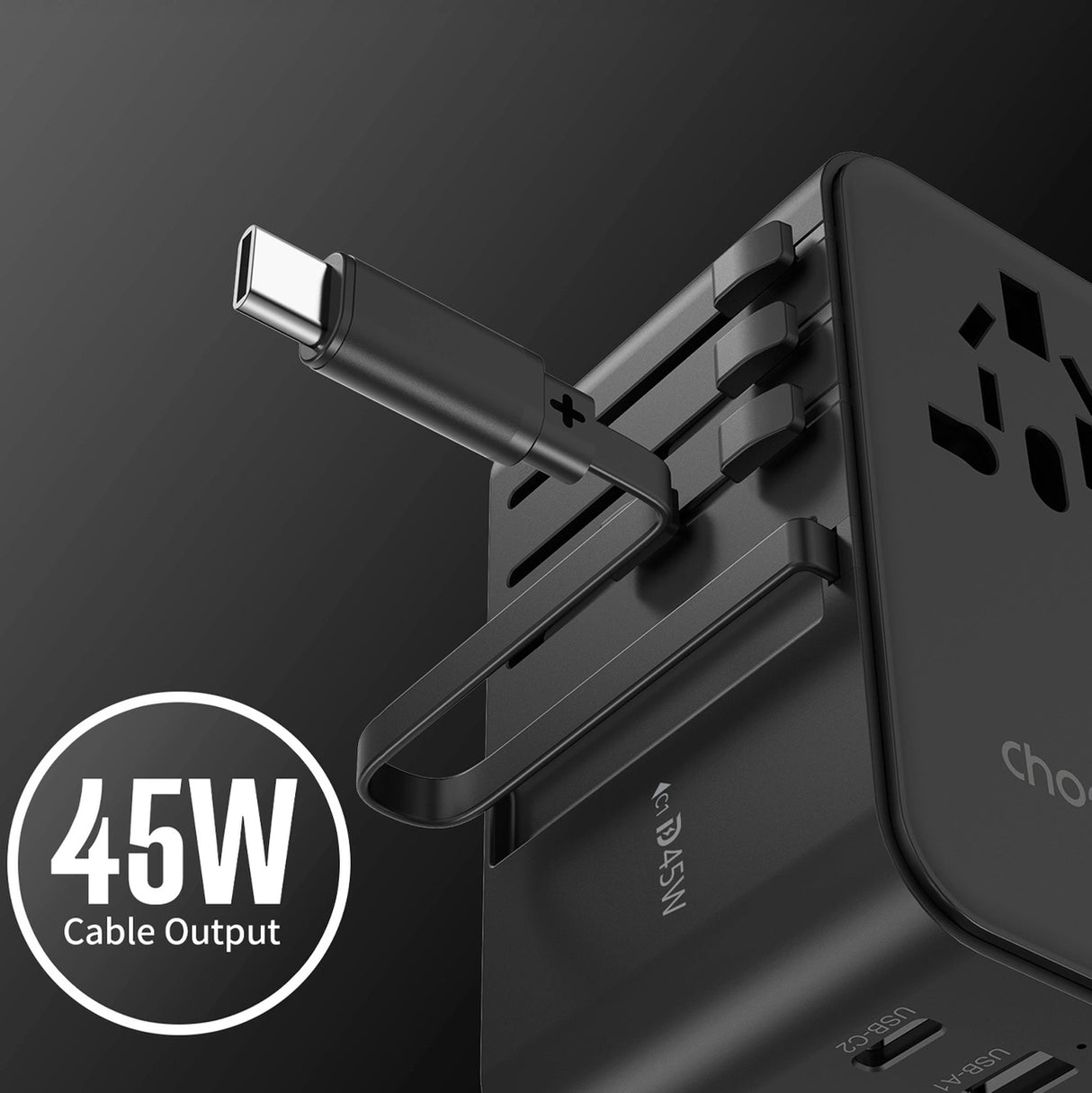 Choetech PD5021 45W EU/US/AUS/UK Travel Adapter med indbygget USB-C-kabel - sort