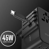 Choetech PD5021 45W EU/US/AUS/UK Travel Adapter med indbygget USB-C-kabel - sort