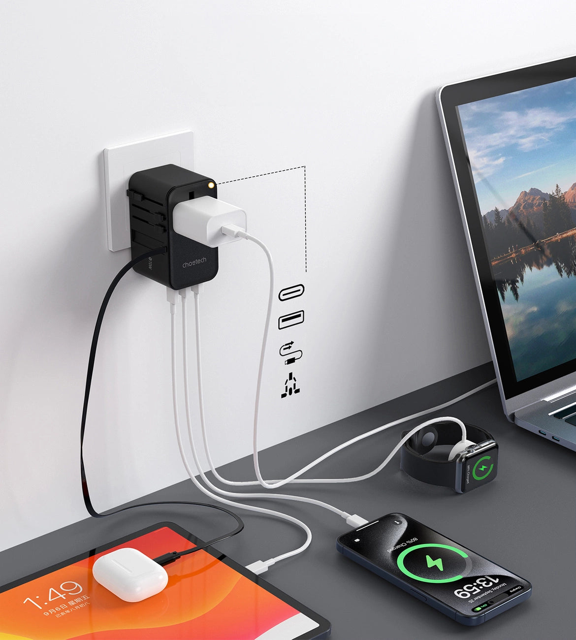 Choetech PD5022 70W EU/US/AUS/UK Travel Adapter med indbygget USB-C-kabel - sort