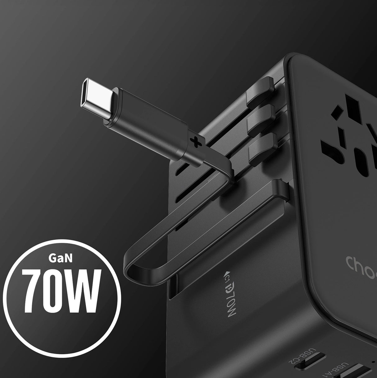 Choetech PD5022 70W EU/US/AUS/UK Travel Adapter med indbygget USB-C-kabel - sort