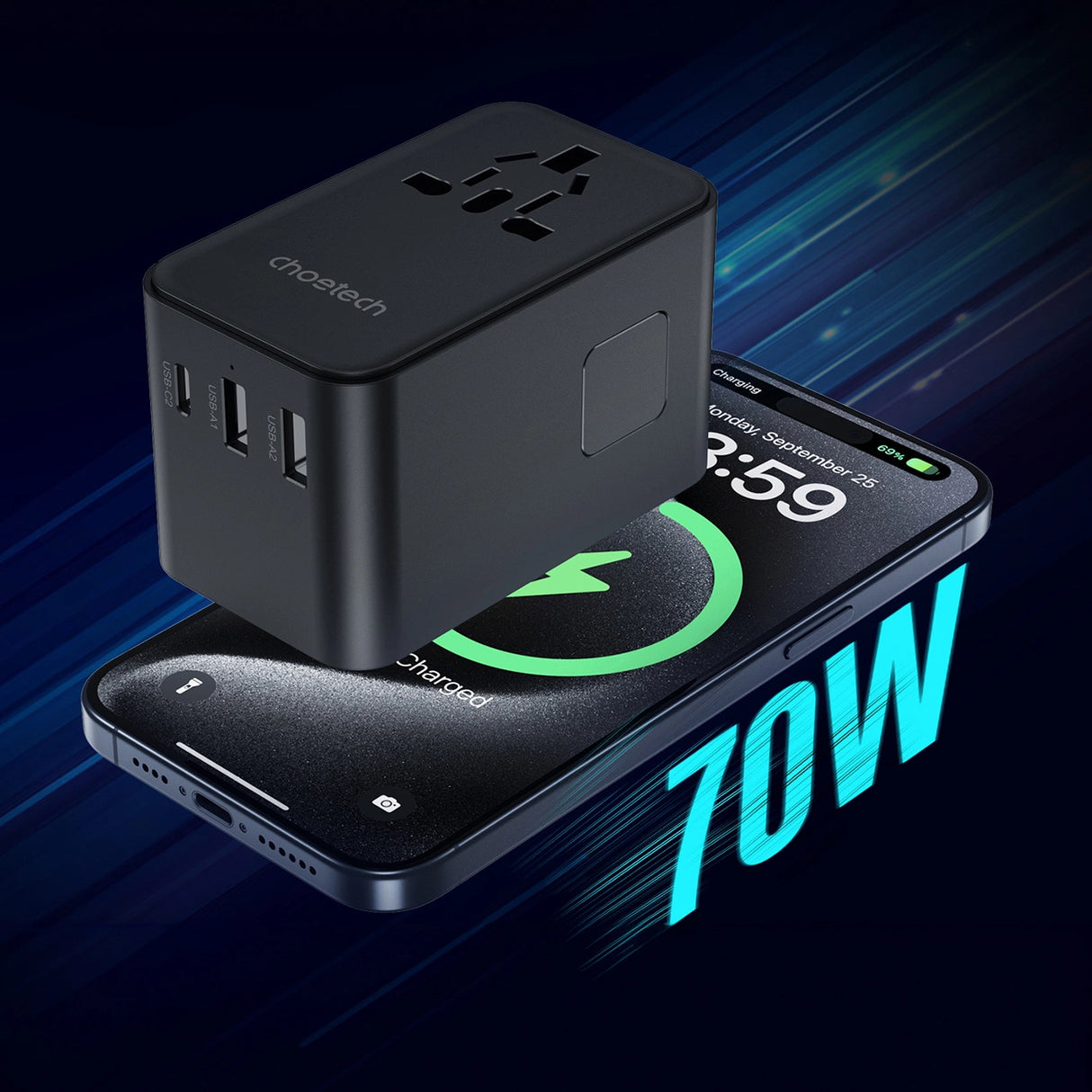 Choetech PD5022 70W EU/US/AUS/UK Travel Adapter med indbygget USB-C-kabel - sort