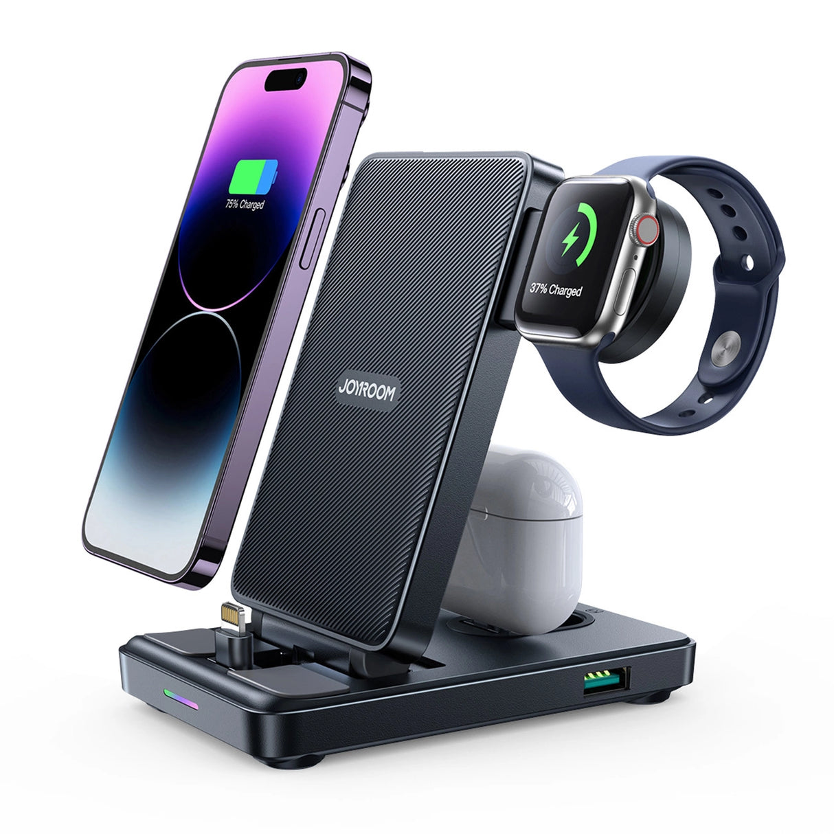 Joyroom JR-WQS02 iPhone AirPods Apple Watch 4in1 opladningsstation foldbar - sort