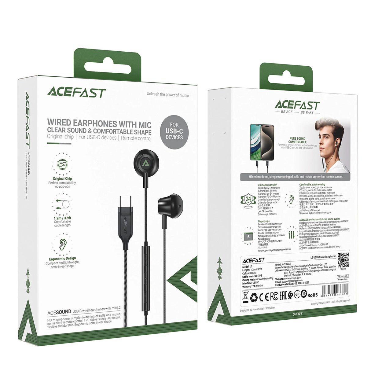 Acefast L2 øretelefoner med USB-C-stik, mikrofon og fjernbetjening 1,2 m - sort