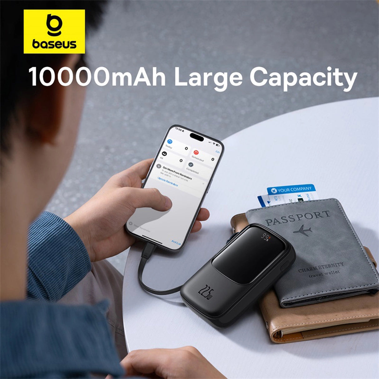 Baseus Qpow Pro+ 10000mAh 22.5W powerbank med indbygget USB-C kabel og display - sort