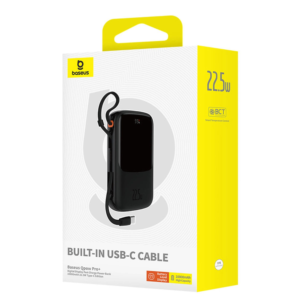 Baseus Qpow Pro+ 10000mAh 22.5W powerbank med indbygget USB-C kabel og display - sort
