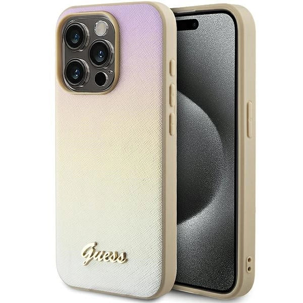 Guess Saffiano Iridescent Script-hylster til iPhone 14 Pro Max - guld