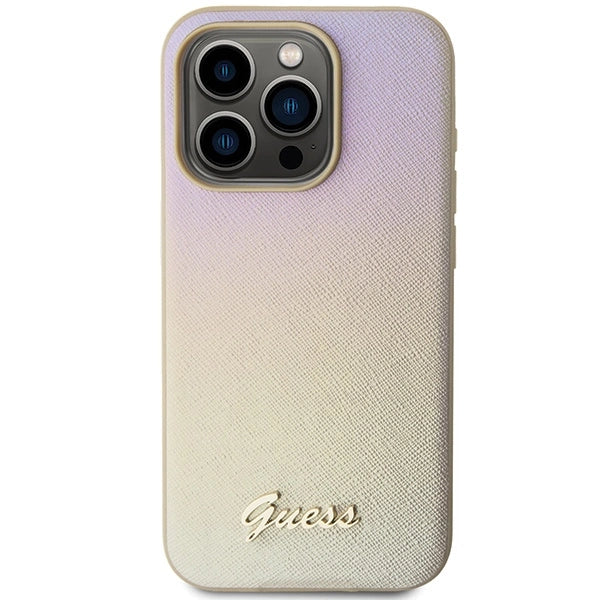 Guess Saffiano Iridescent Script-hylster til iPhone 14 Pro Max - guld