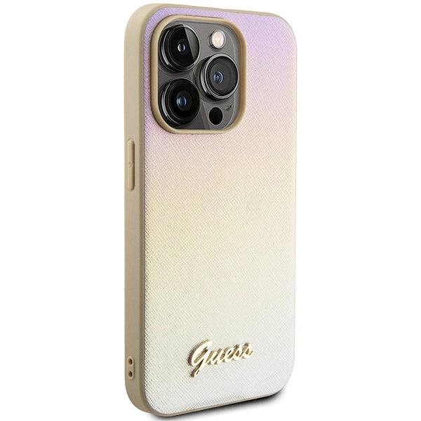 Guess Saffiano Iridescent Script-hylster til iPhone 14 Pro Max - guld
