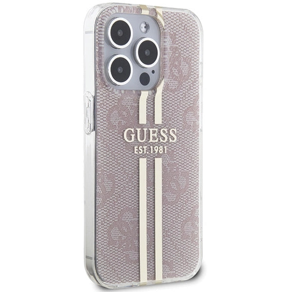 Guess IML 4G Gold Stripe-fodral til iPhone 15 Pro - pink