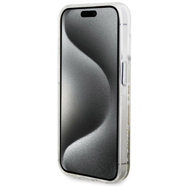 Guess Liquid Glitter Gold Stripes case til iPhone 15 Pro - gennemsigtig