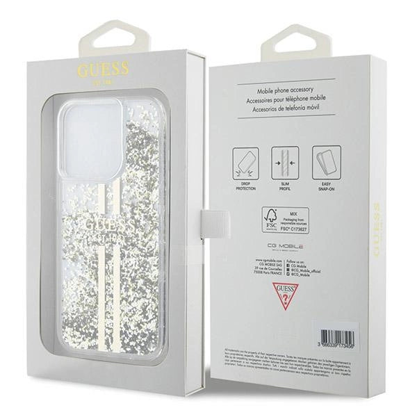 Guess Liquid Glitter Gold Stripes case til iPhone 15 Pro - gennemsigtig