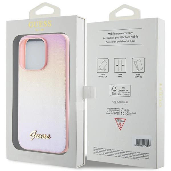 Guess Saffiano Iridescent Script-hylster til iPhone 15 Pro - pink