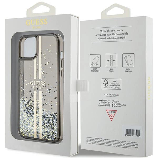 Guess Liquid Glitter Gold Stripes case til iPhone 15 Plus / 14 Plus - sort