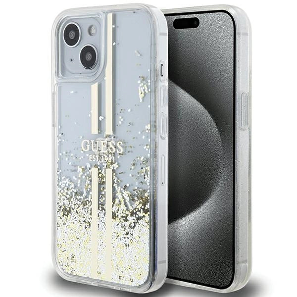 Guess Liquid Glitter Gold Stripes case til iPhone 15 Plus / 14 Plus - gennemsigtig