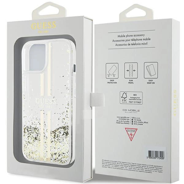 Guess Liquid Glitter Gold Stripes case til iPhone 15 Plus / 14 Plus - gennemsigtig