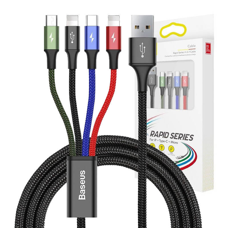 Baseus Fast USB-kabel 4in1 USB-C / 2x Lightning / Micro 3,5A 1,2m - sort