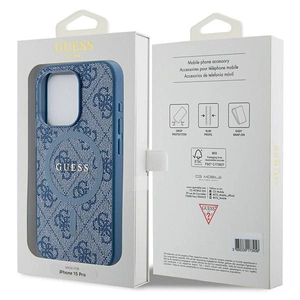 Guess 4G Collection lædermetall Logo MagSafe Case til iPhone 14 Pro - Blå