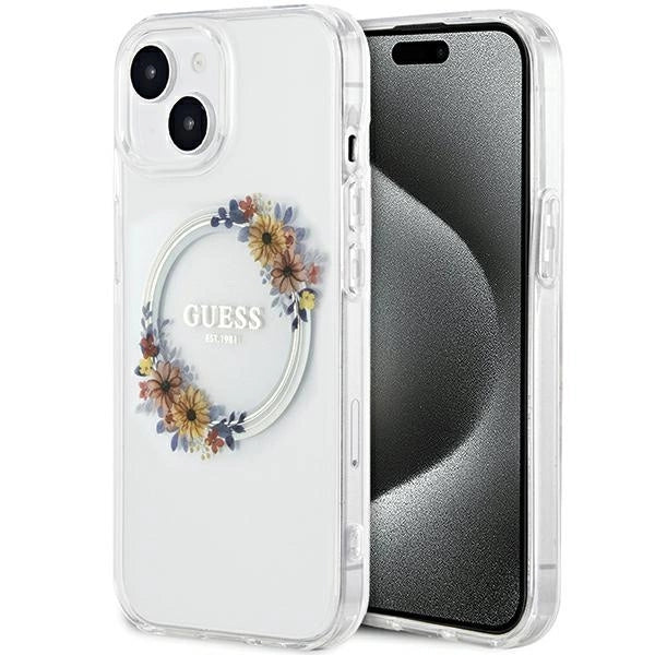 Guess IML Flowers Wreatch MagSafe Case til iPhone 15 / 14 / 13 - Gennemsigtig