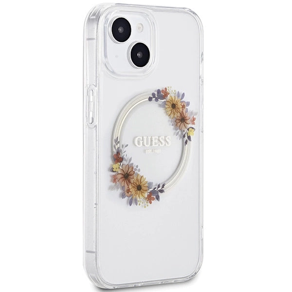 Guess IML Flowers Wreatch MagSafe Case til iPhone 15 / 14 / 13 - Gennemsigtig