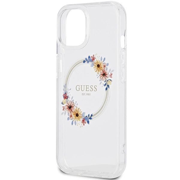 Guess IML Flowers Wreatch MagSafe Case til iPhone 15 / 14 / 13 - Gennemsigtig