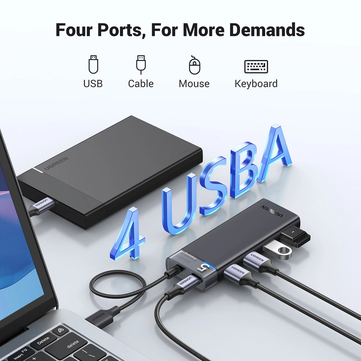Ugreen CM653 HUB med 4 USB-A-porte og USB-A-strømskabel - sort