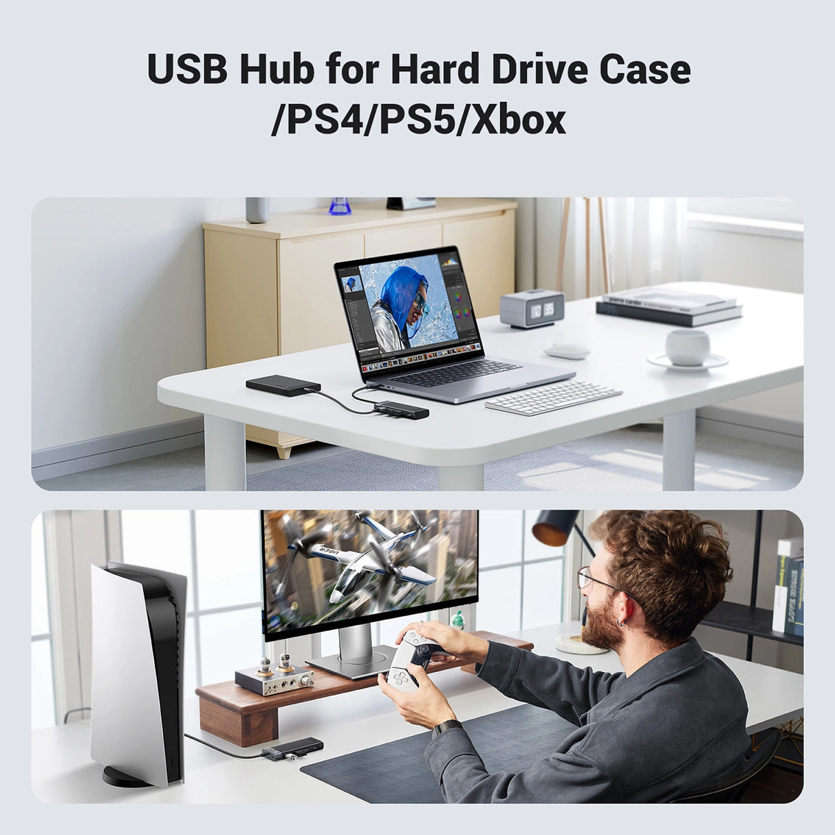 Ugreen CM653 HUB med 4 USB-A-porte og USB-A-strømskabel - sort