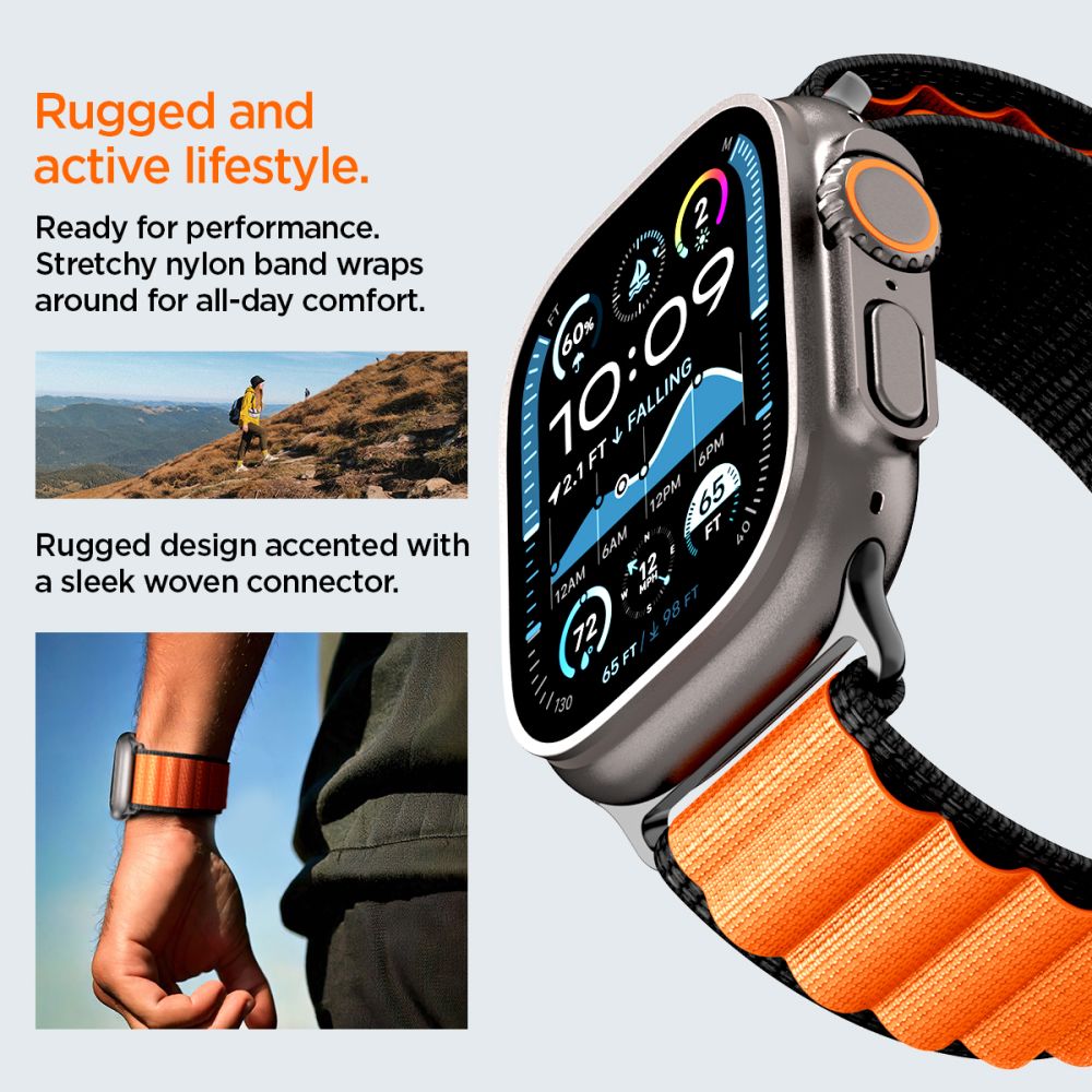 Spigen Wbf1 Remmen Til Apple Watch 8 / 9 / 10 / 11 / 12 / Se / Ultra (44 / 45 / 46 / 49 Mm) Sort/Orange