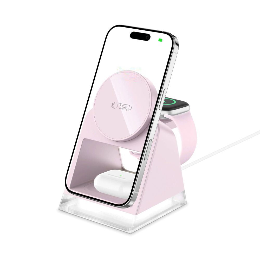 Tech Protect Qi15 W A43 3 I 1 Magnetisk Mag Safe Trådløs Oplader Babypink