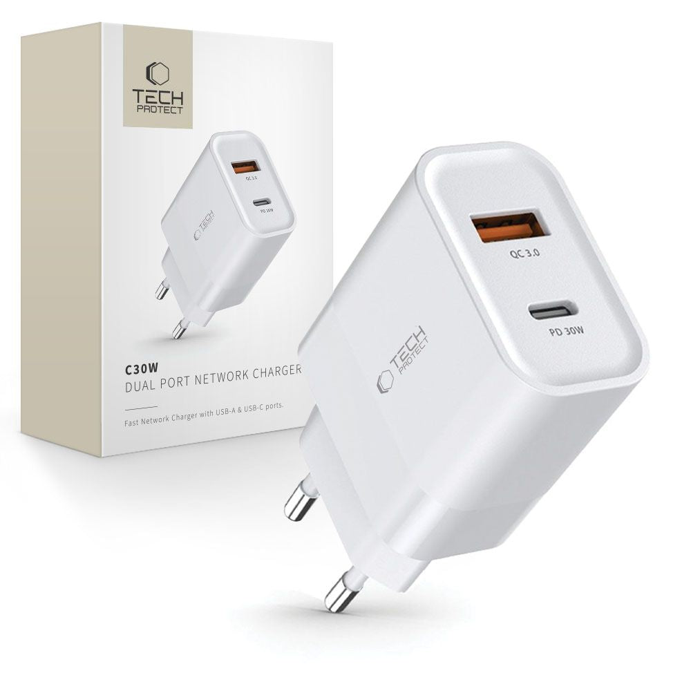 Tech Protect C30 W 2 Port Netværksopladder Pd 30 W / Qc3.0 Hvid