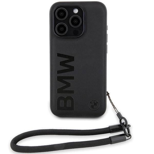 BMW Signature læder Wordmark Cord Case til iPhone 15 Pro - sort