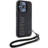 BMW Signature læder Wordmark Cord Case til iPhone 15 Pro - sort