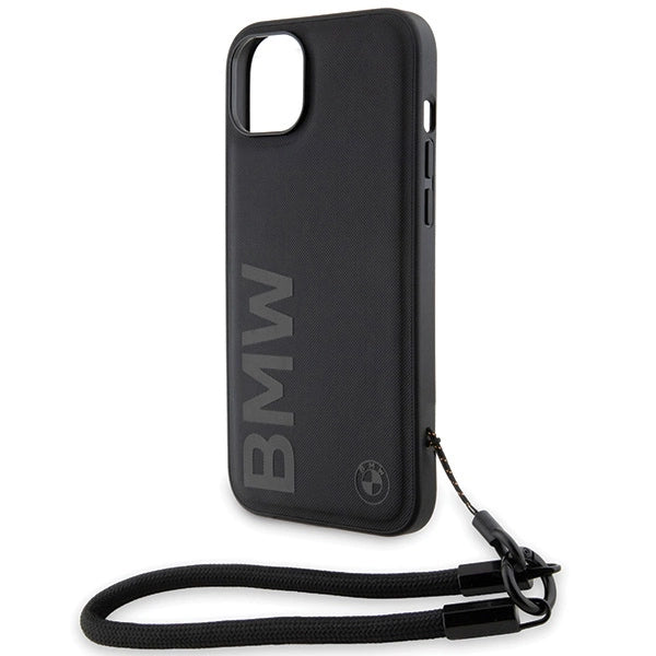 BMW Signature læder Wordmark Cord Case til iPhone 15 Plus / 14 Plus - sort