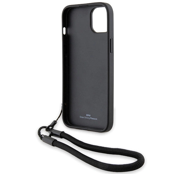 BMW Signature læder Wordmark Cord Case til iPhone 15 Plus / 14 Plus - sort